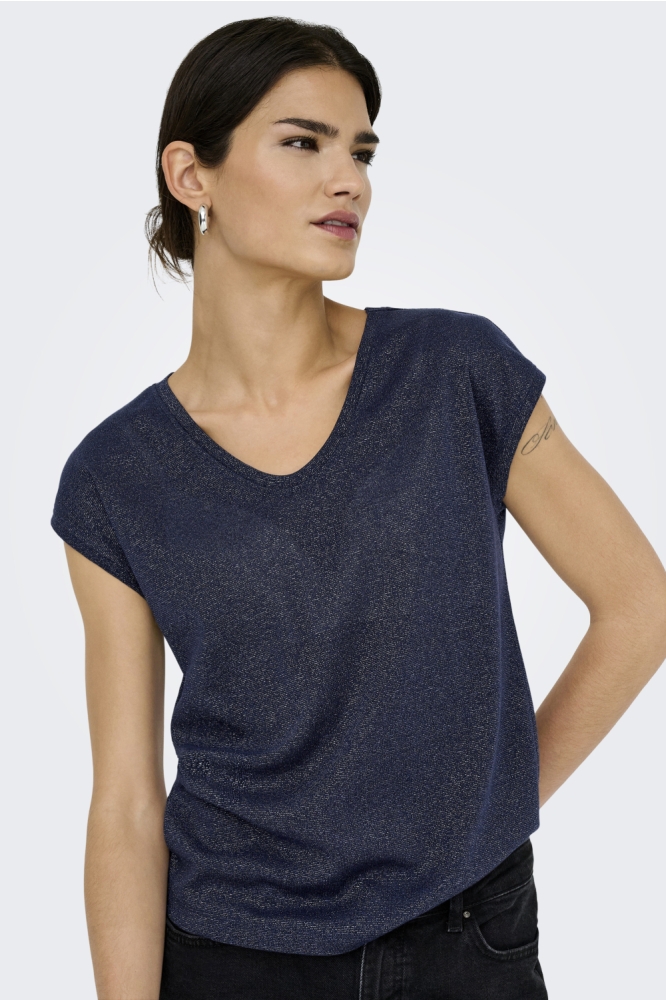 ONLSILVERY S/S V NECK LUREX TOP JRS 15136069 NIGHT SKY